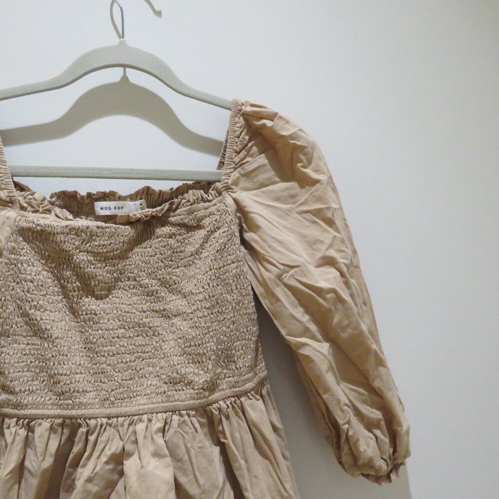 MOD REF Smocked Prairie Dress in Tan Beige Minimalist Trad Wife Cottagecore - Picture 4 of 12